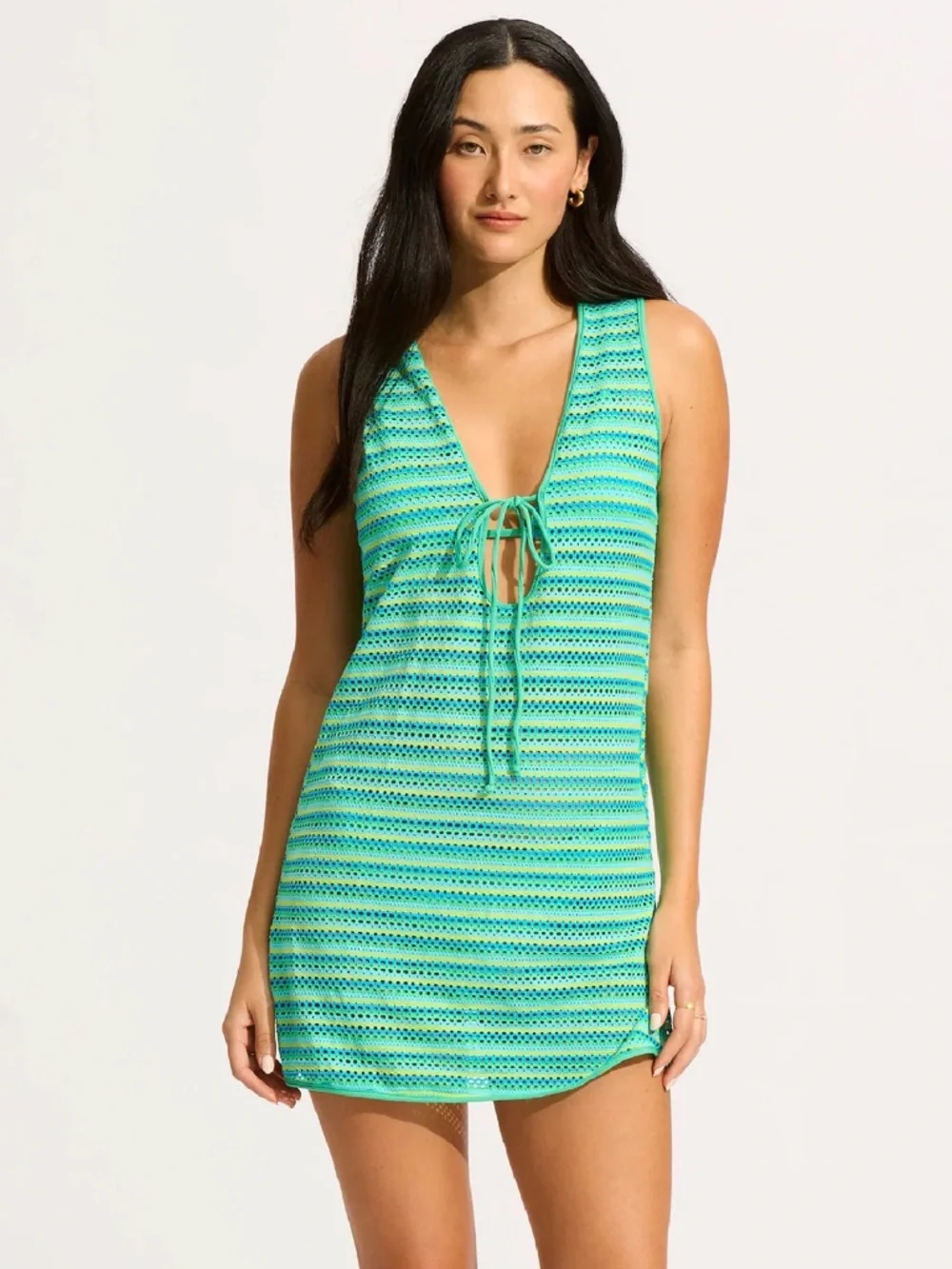 Seafolly Green Teal Striped Crochet Swim Coverup